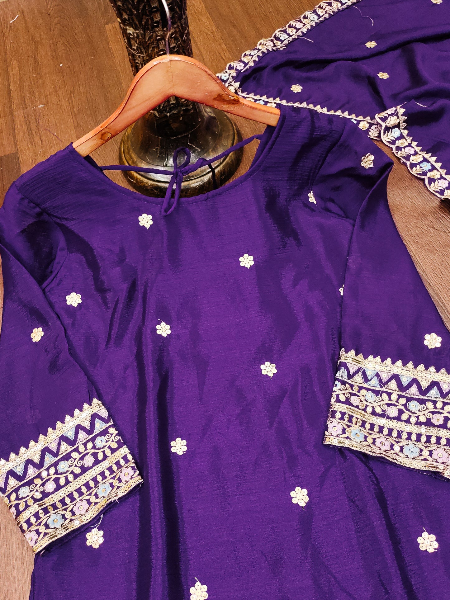 Purple Silk Sharara Set with Mirror Work and Intricate Zari Border Detailing