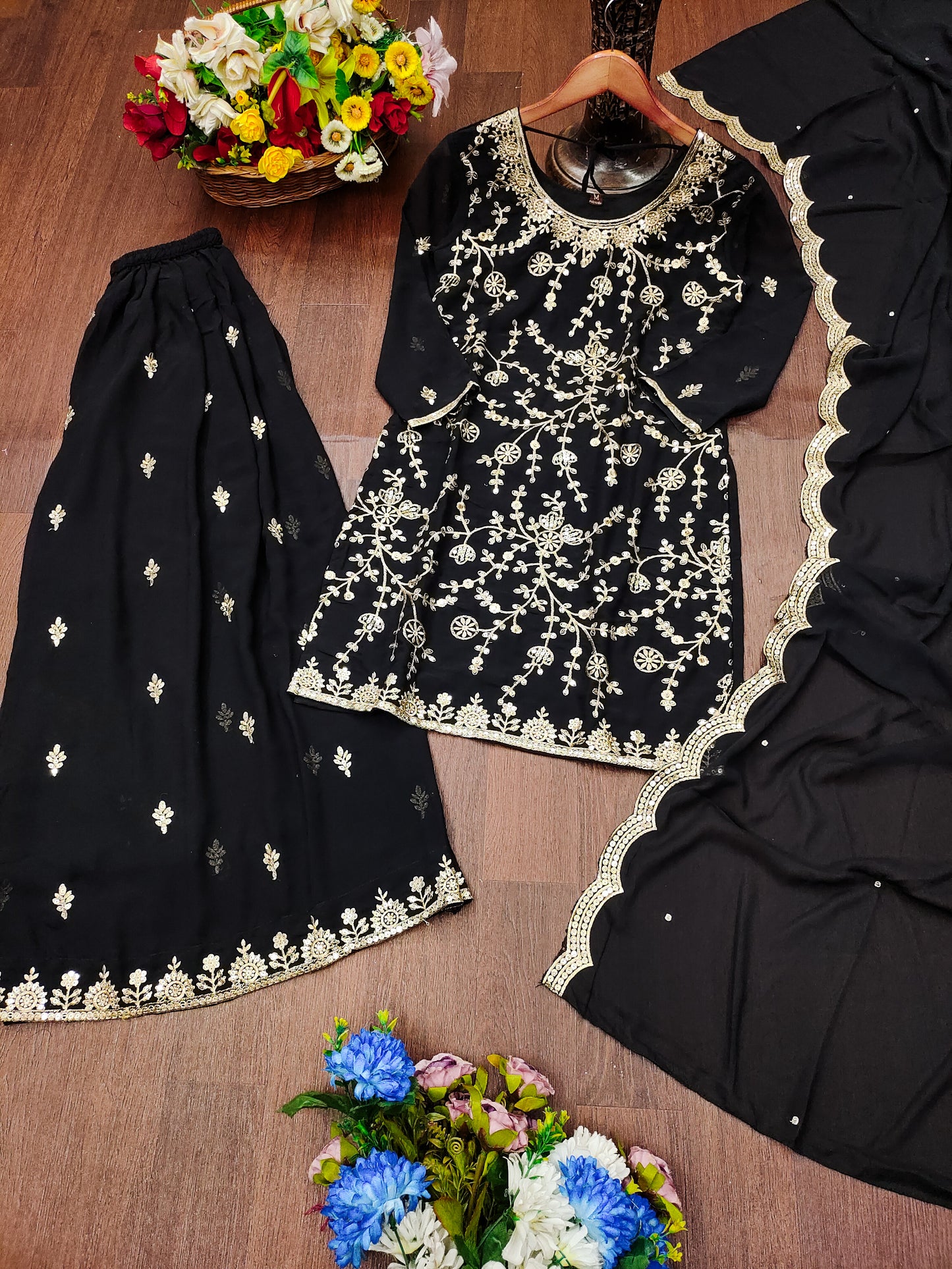 Black Georgette Sharara Suit with Heavy Golden Thread and Sequin Embroidery