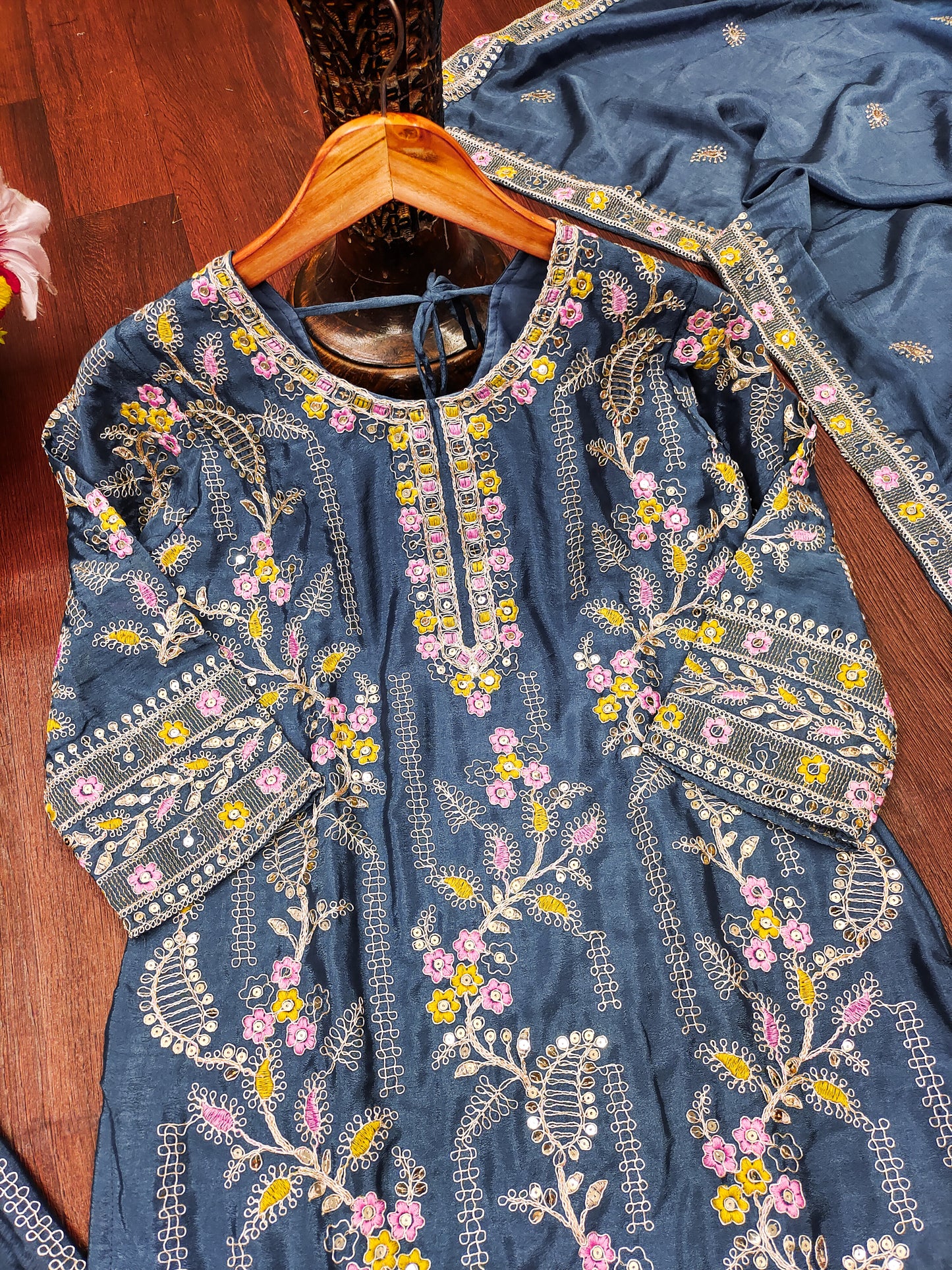 Teal Color Sharara Suit in Chinon With Sequence Embroidery Sharara Suit