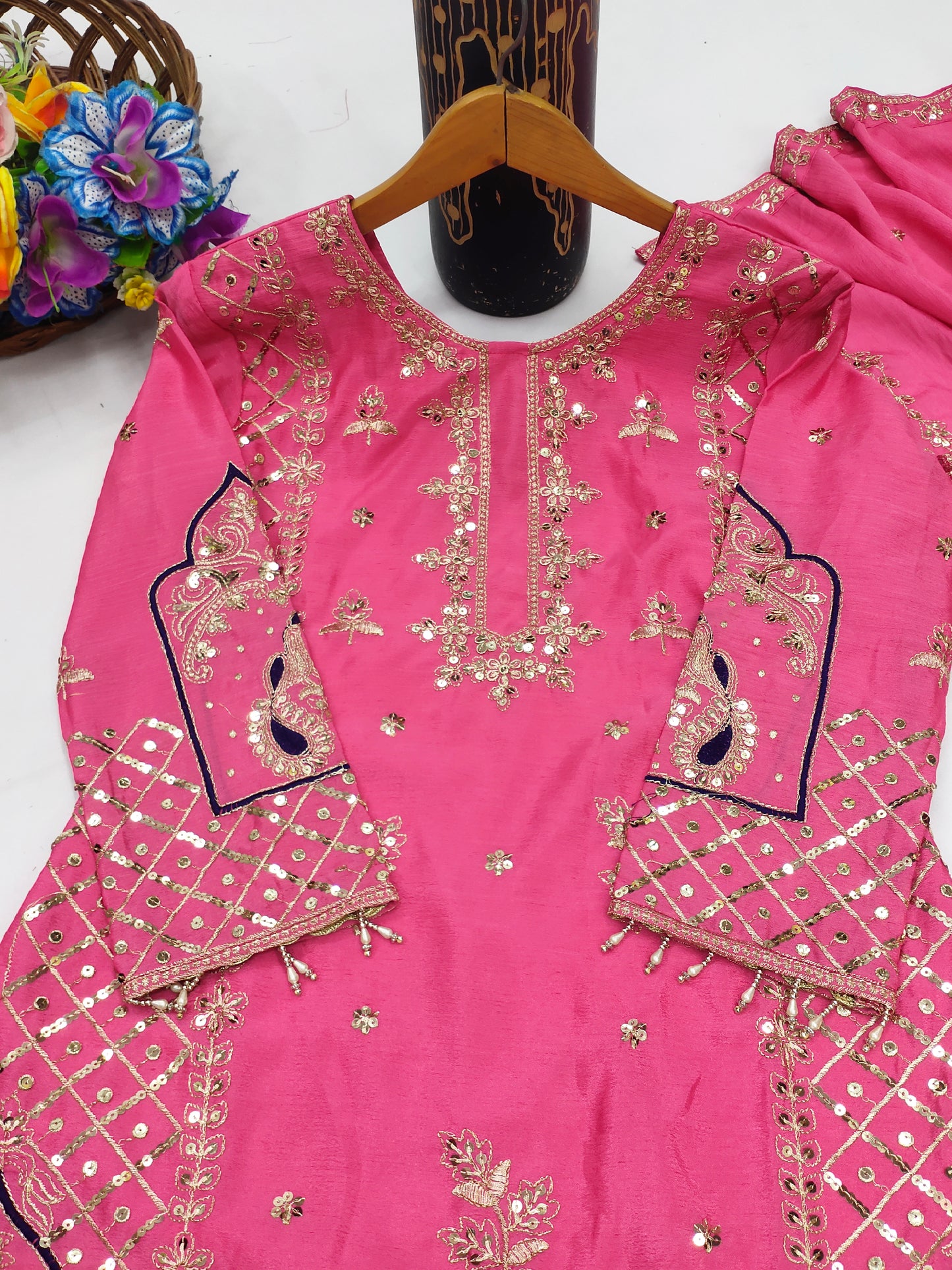 Designer Chinon Sequin-Embroidered Suit | Party-Wear Salwar Kameez Drape Dress
