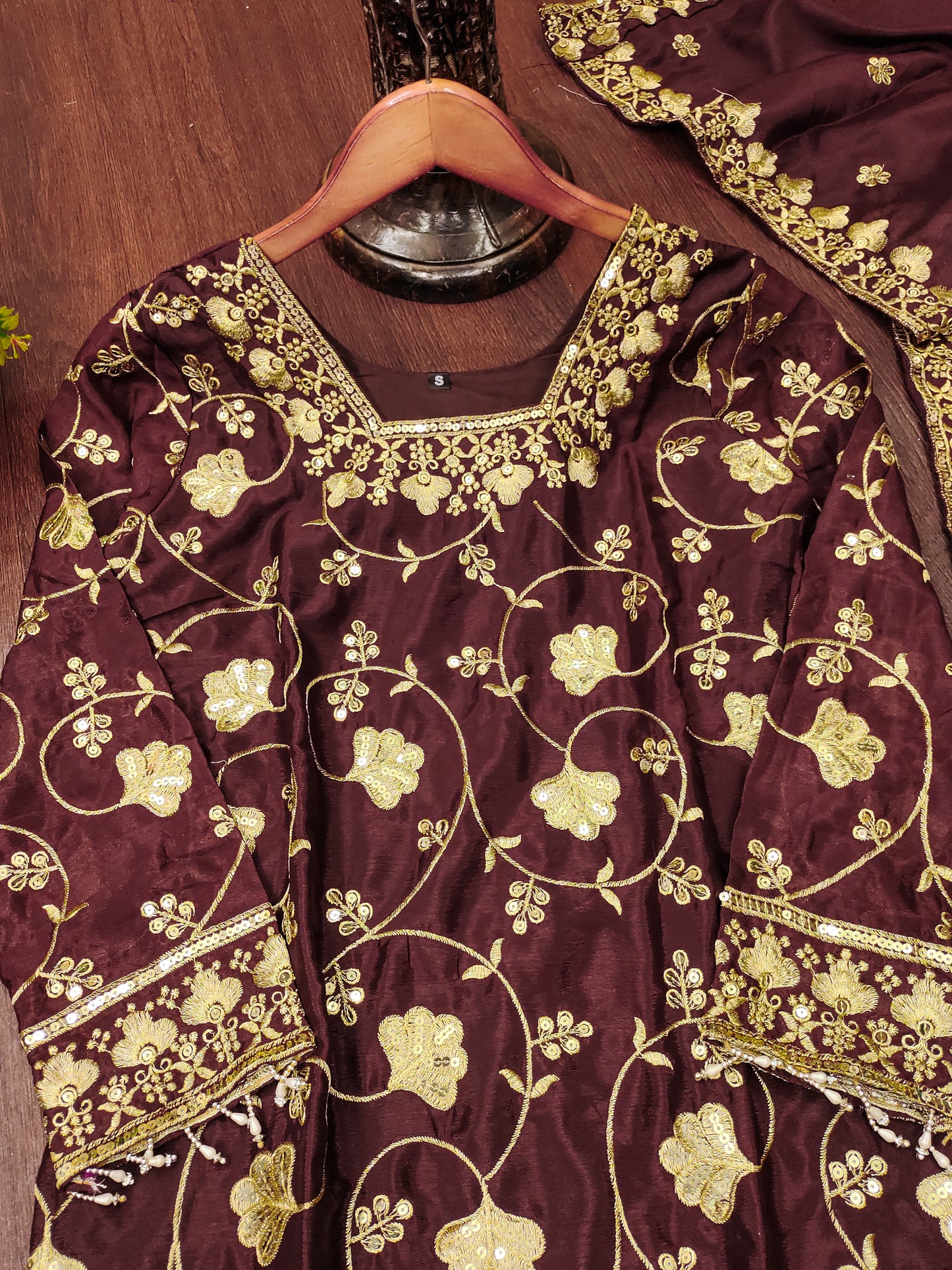 Designer Chinon Sequin-Embroidered Sharara Suit | Festive Party Wear Ensemble Drape Dress