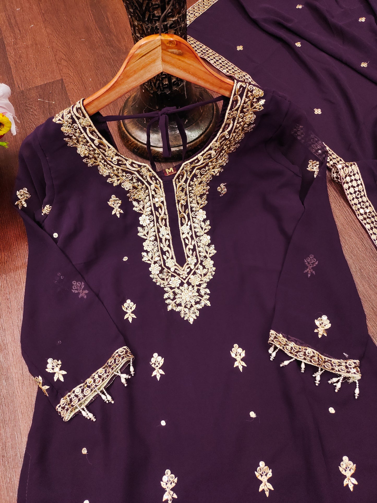 Purple Georgette Kurta Set with Golden Zari Work & Matching Dupatta
