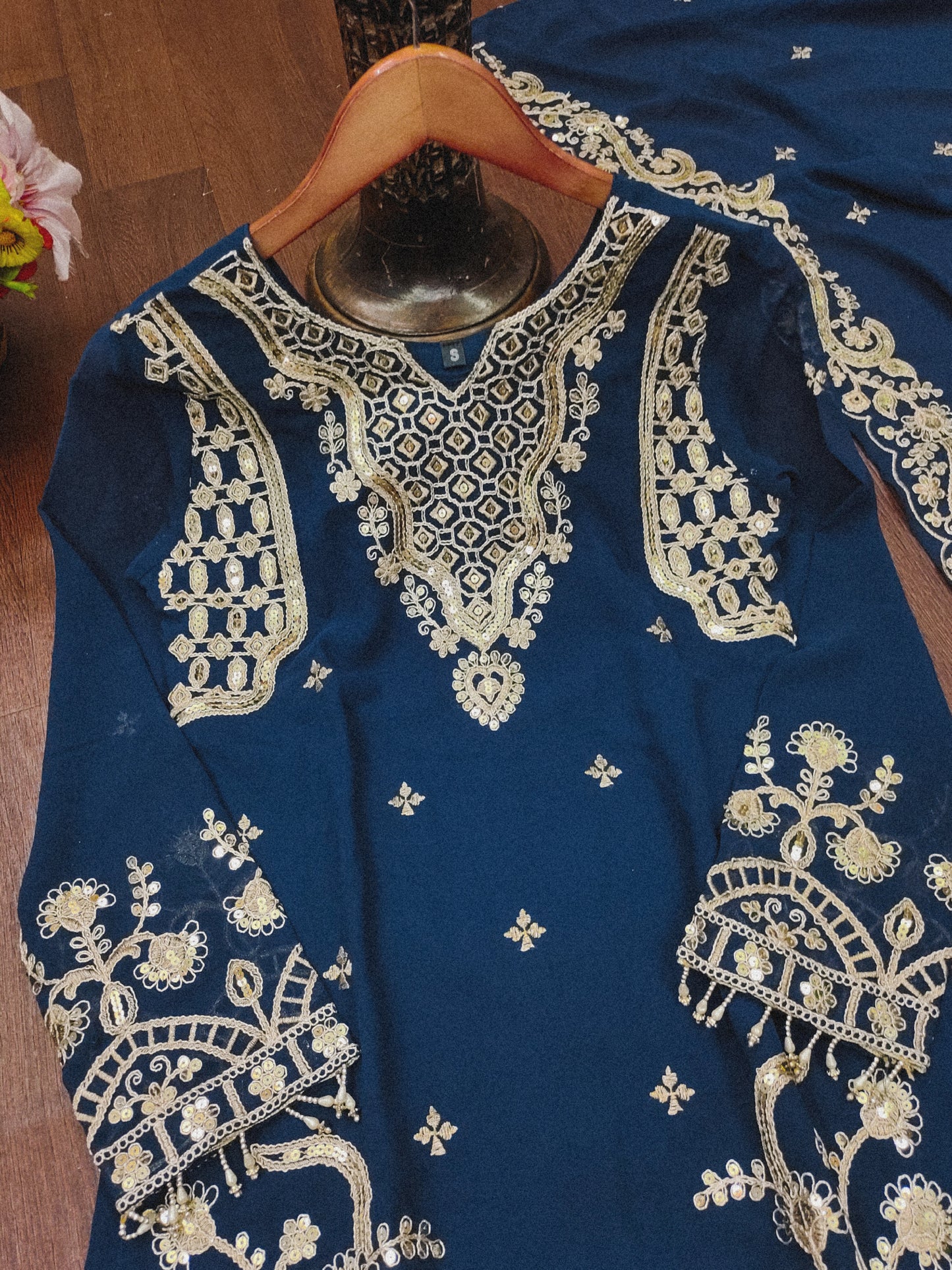 Teal Blue Silk Sharara Suit with Heavy Mirror Work and Intricate Embroidery