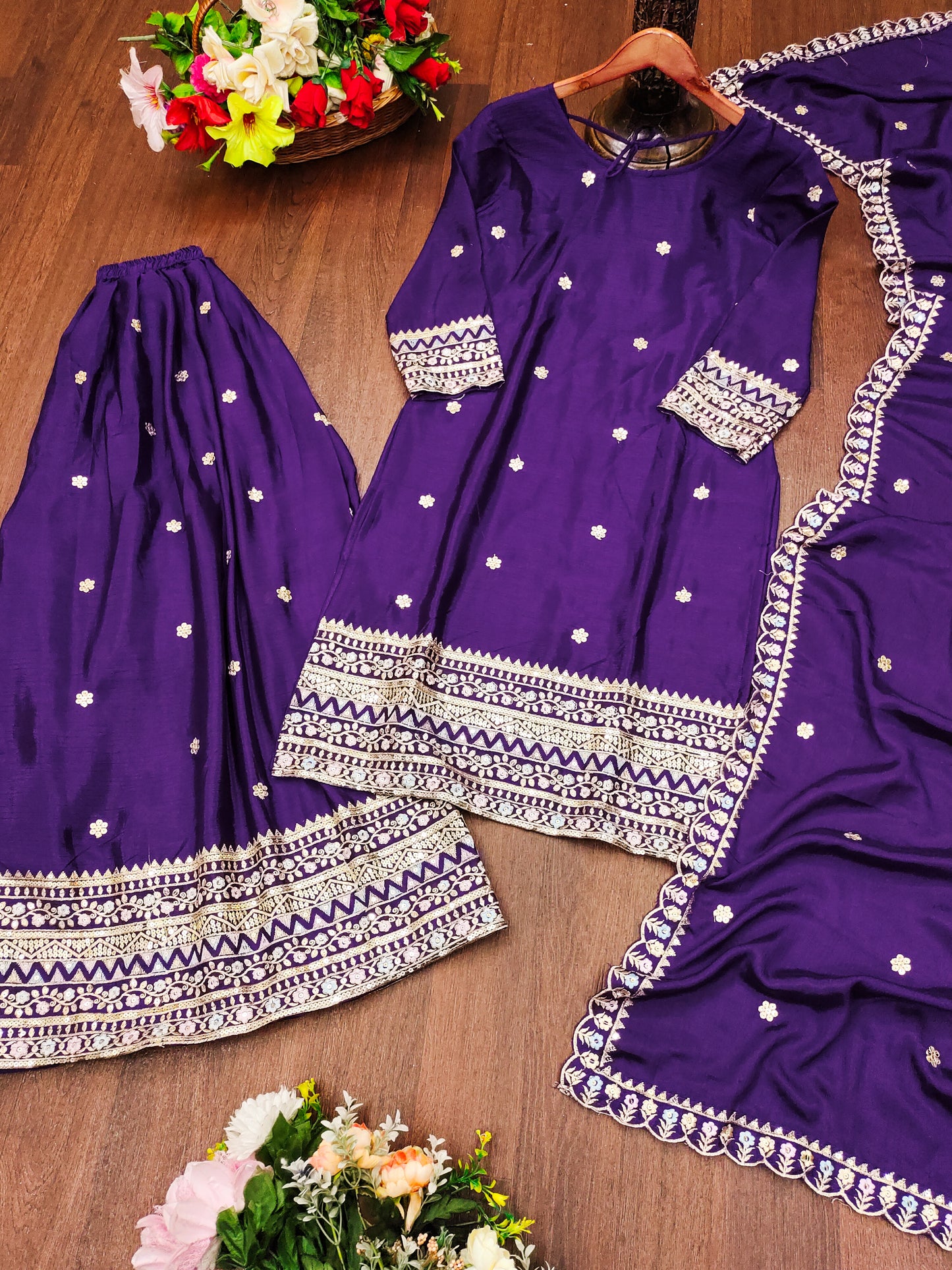 Purple Silk Sharara Set with Mirror Work and Intricate Zari Border Detailing