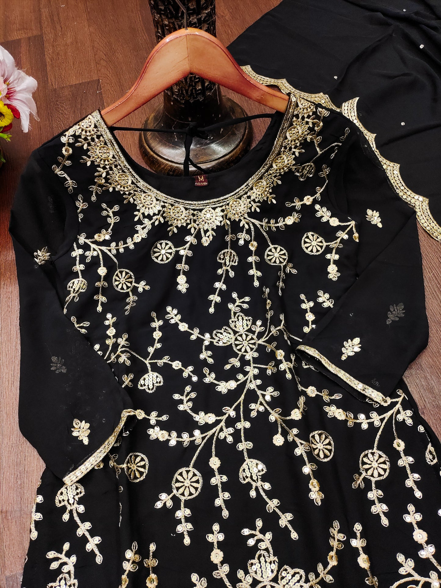 Black Georgette Sharara Suit with Heavy Golden Thread and Sequin Embroidery