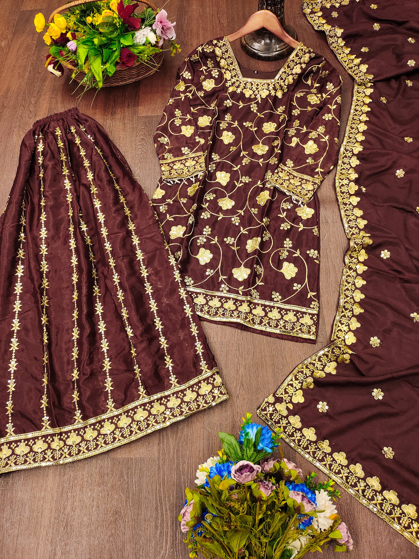 Designer Chinon Sequin-Embroidered Sharara Suit | Festive Party Wear Ensemble Drape Dress