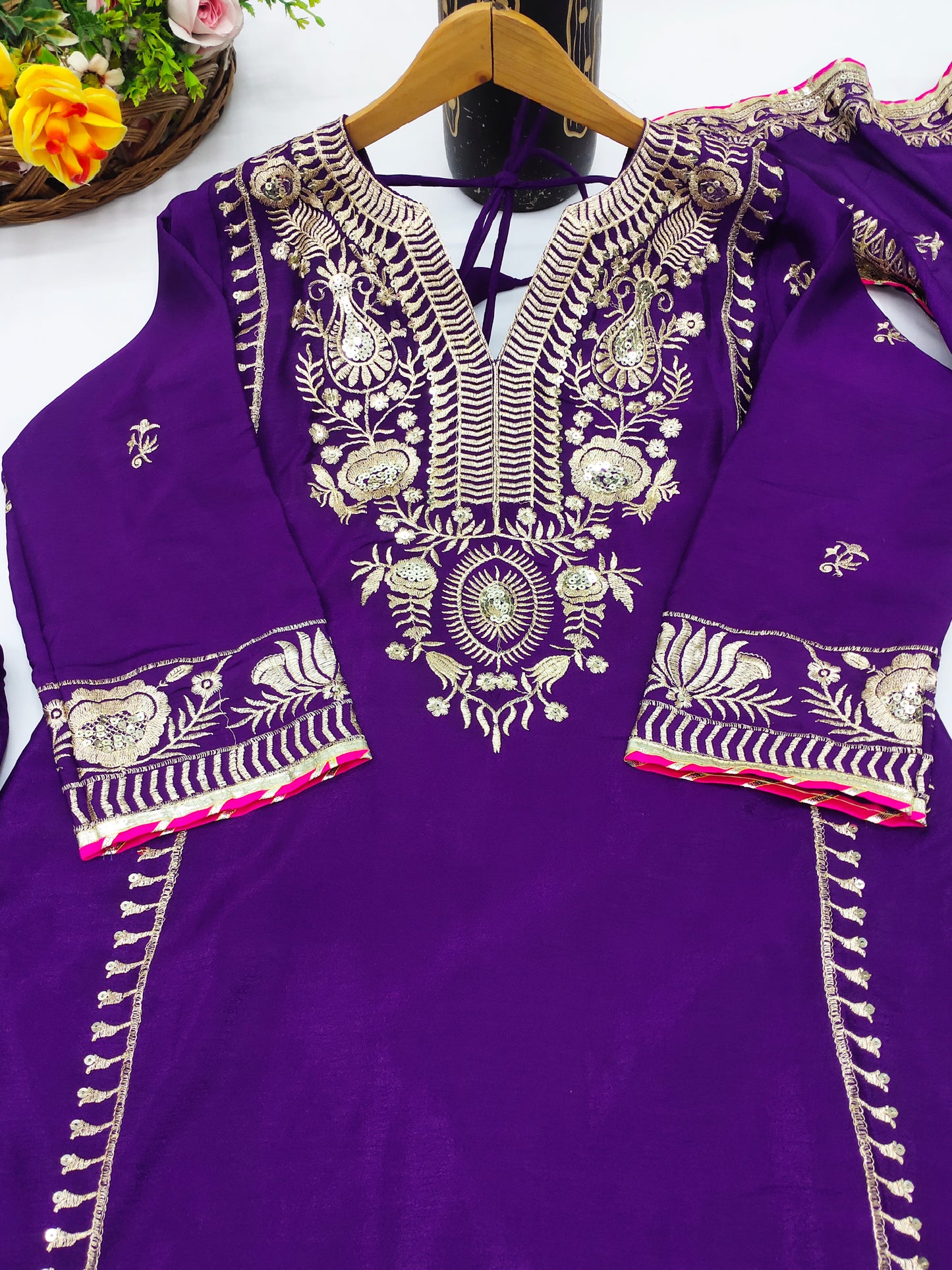 Elegant Designer Chinon Suit with Sequin Embroidery Work – Perfect for Festive & Party Wear
