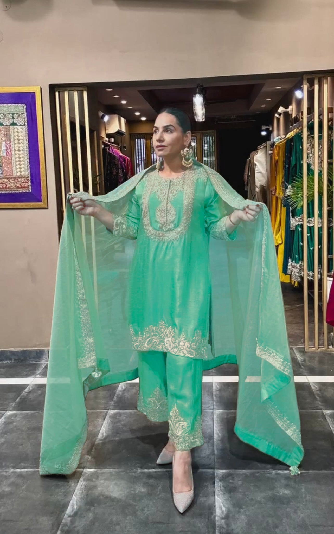Luxuriant Chinnon Sequence Work Light Green Color Salwar Suit