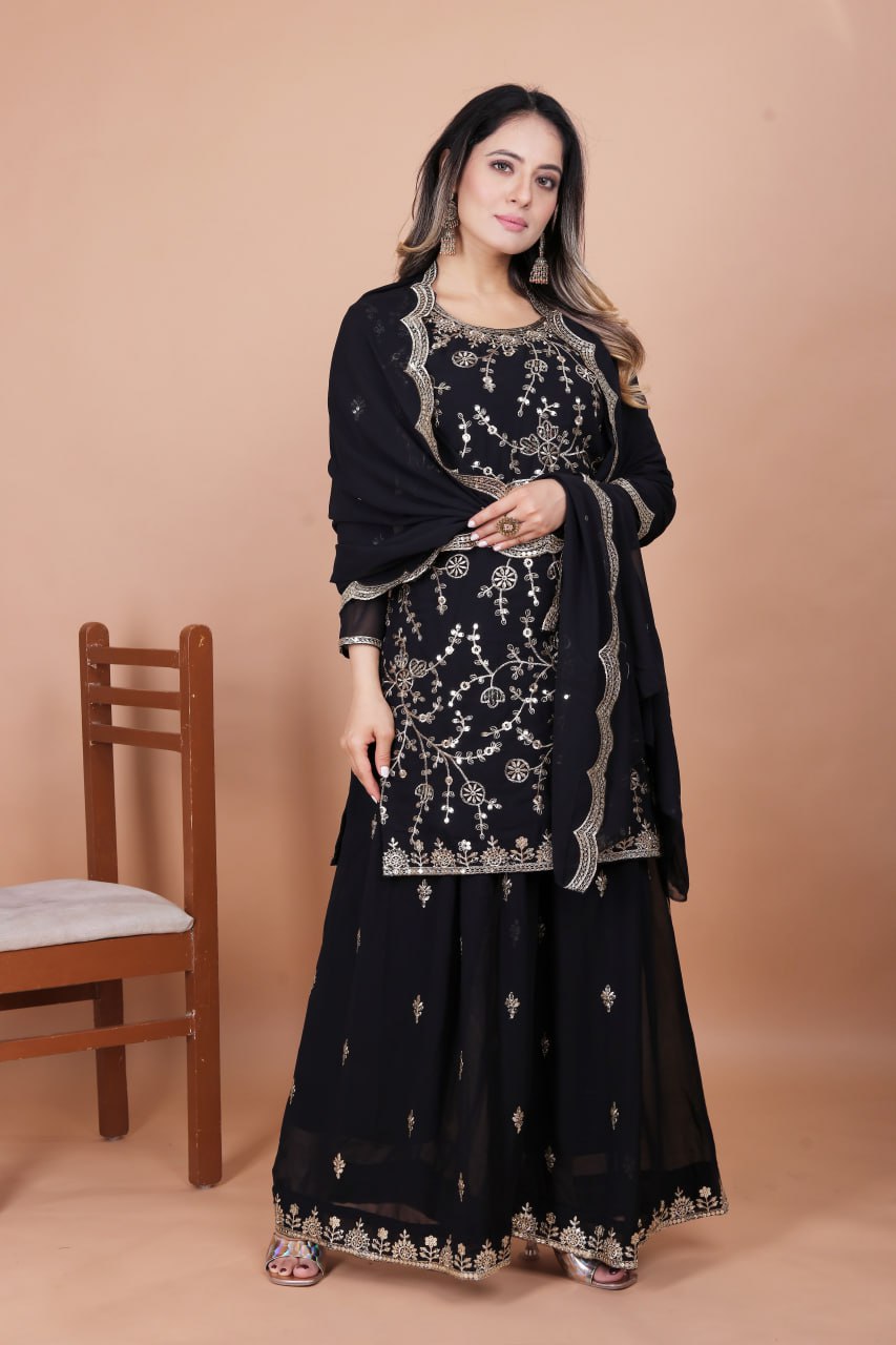 Balck Designer Fox Georgette Embroidered Sharara Suit with Sequins Work