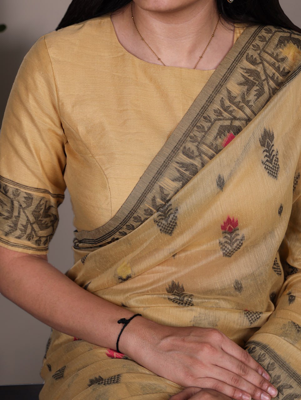 Beige Poly Cotton Thread Weaving Saree with Matching Blouse