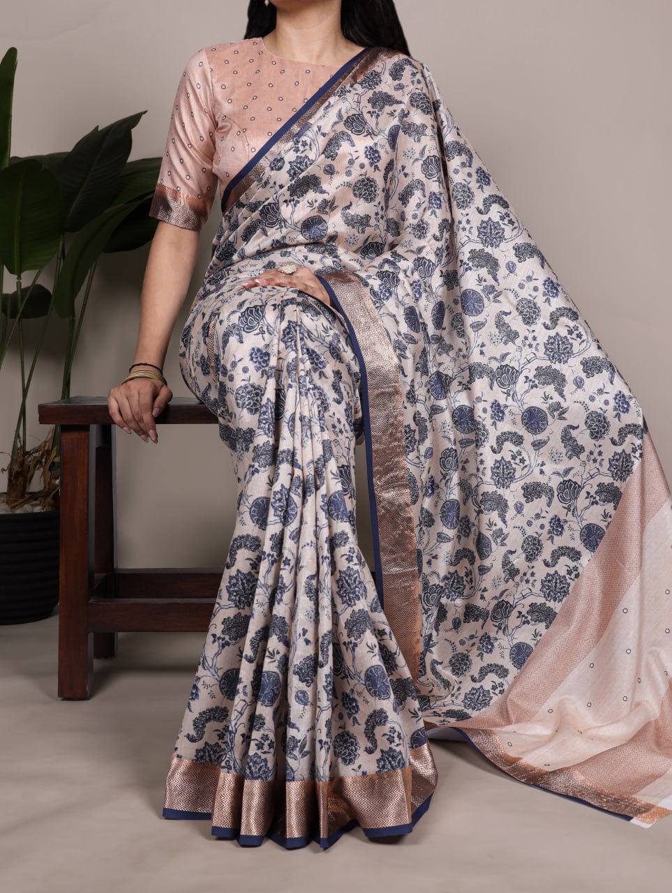 Beige Tasar Silk Printed Saree with Shimmering Viscose Border
