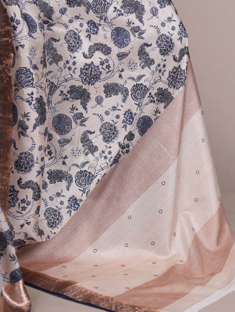 Beige Tasar Silk Printed Saree with Shimmering Viscose Border