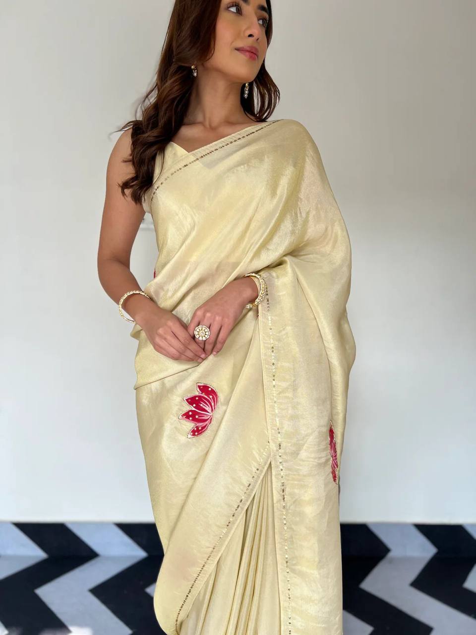 Beige Tebi Silk Moti Handwork Printed Saree with Satin Silk Blouse