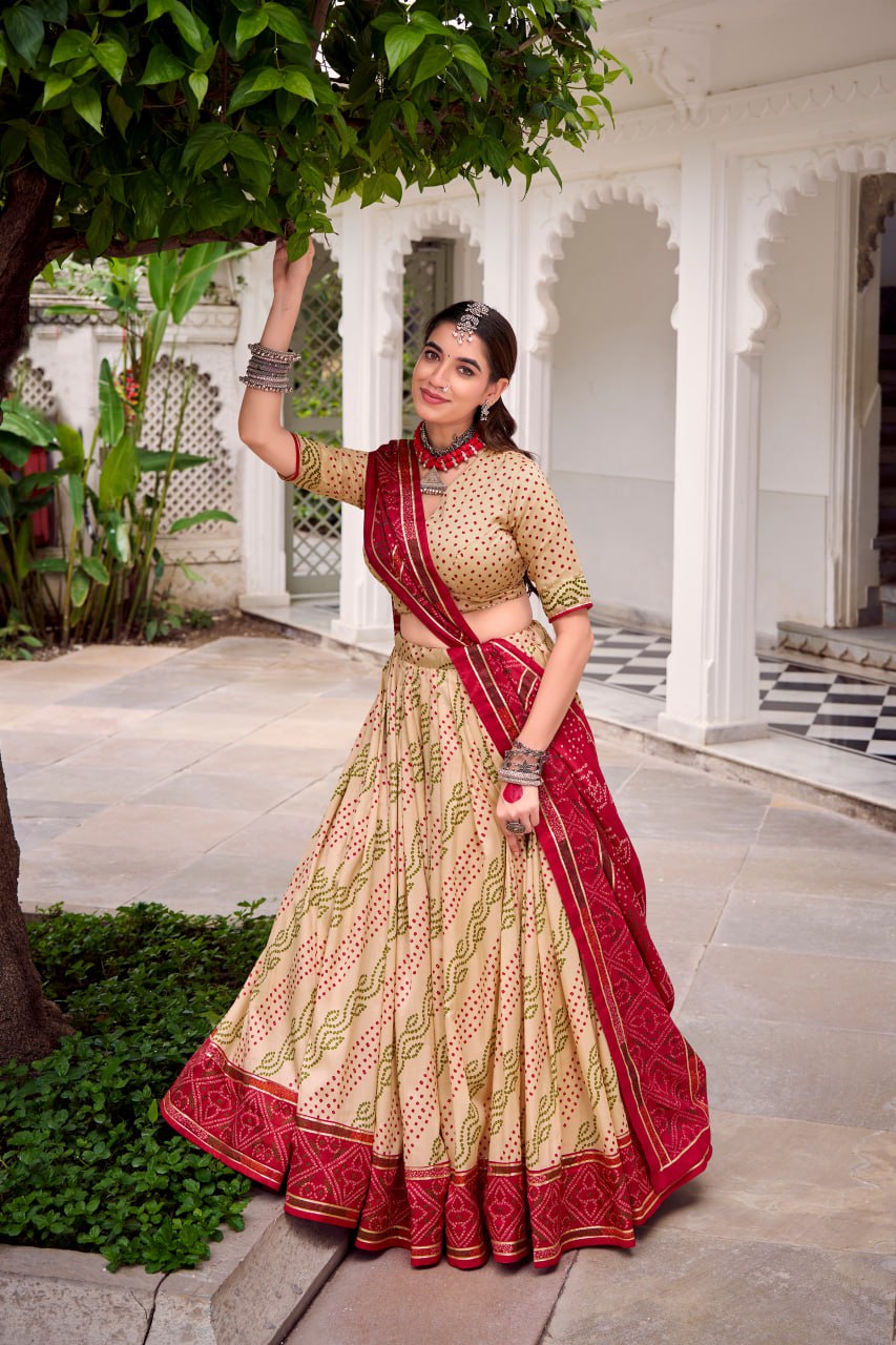 Beige Tussar Silk Bandhani Print Lehenga Choli with Dupatta for Navratri - 2