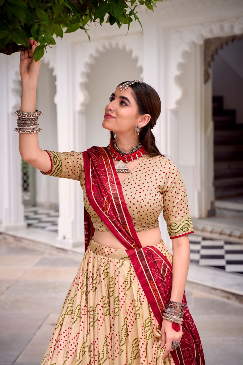 Beige Tussar Silk Bandhani Print Lehenga Choli with Dupatta for Navratri - 5