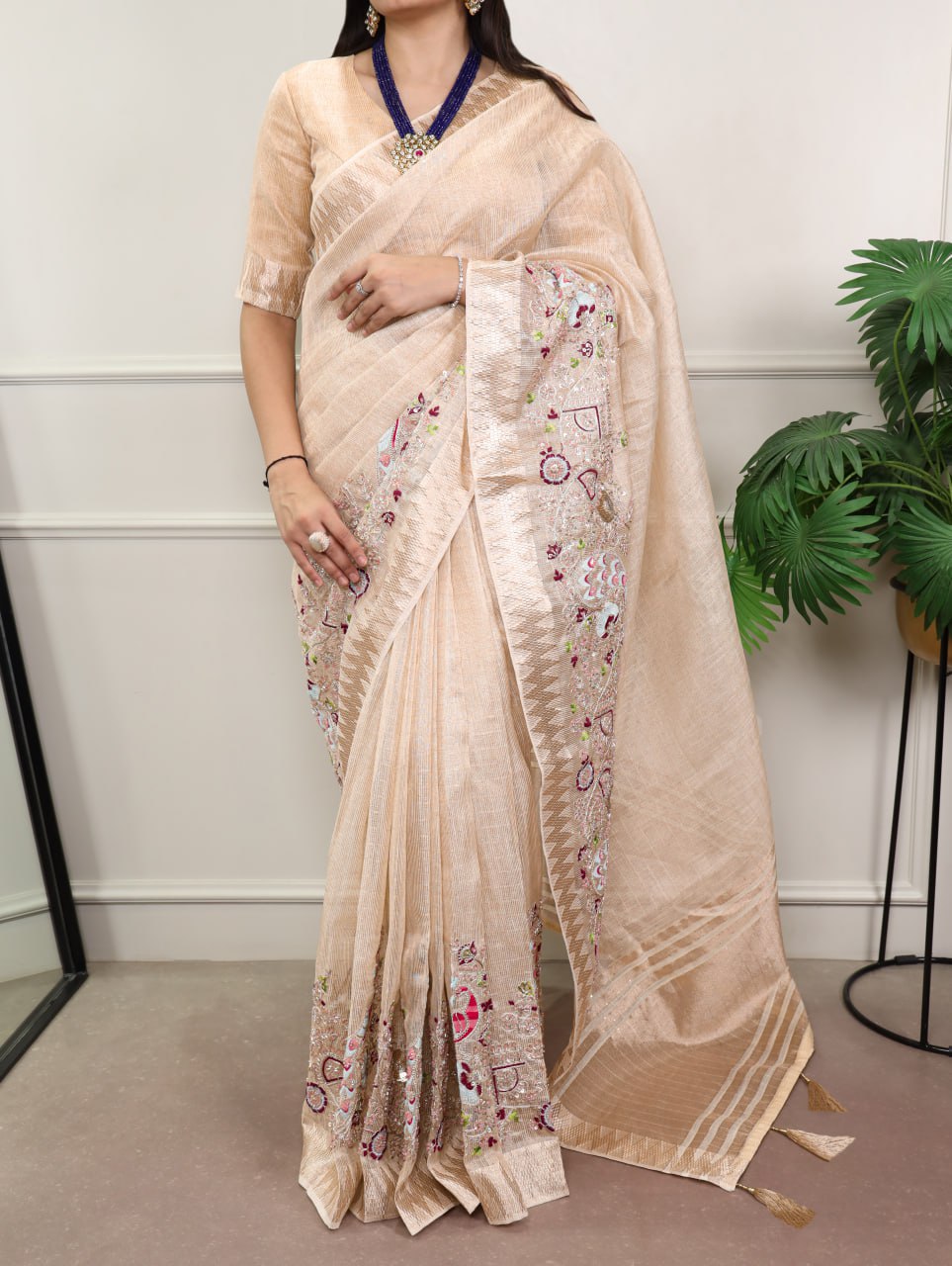 Beige Zari Kota Tissue Embroidery Beads Zari Weaving Work With Saree