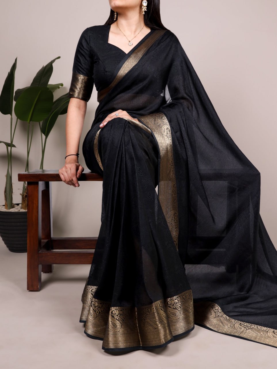 Black Marsh Mello Zari Weaving Saree with Matching Blouse