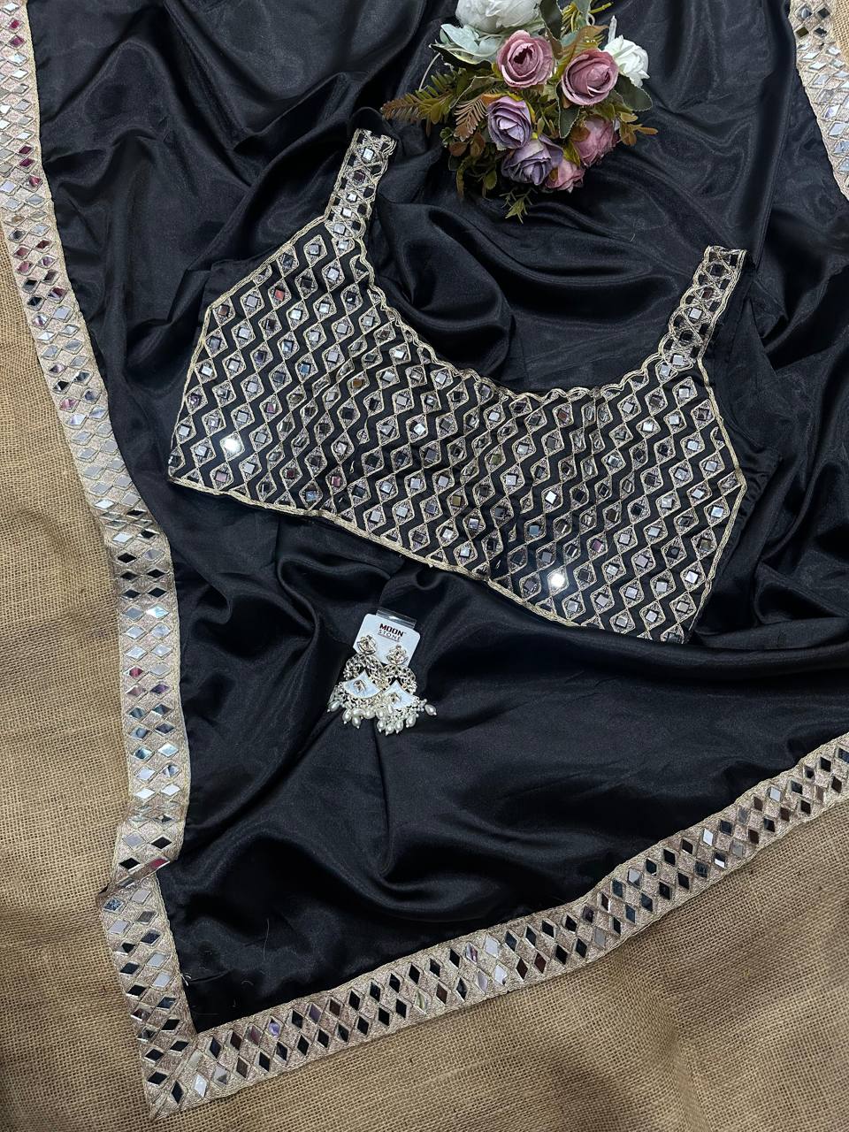 Black Satin Silk Saree With A Mirror And Embroidery Work Blouse