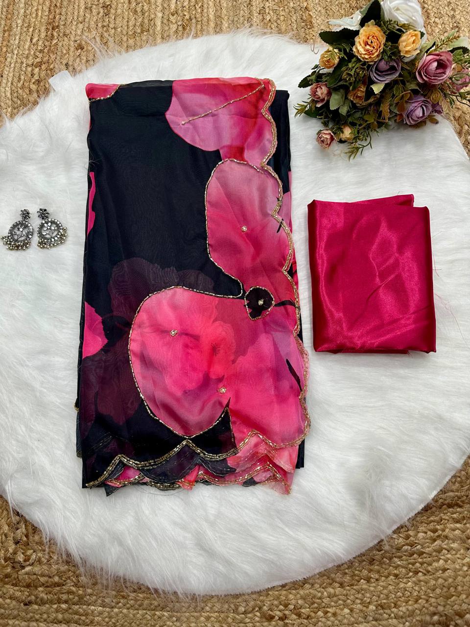 Black Tebi Silk Digital Printed Saree with Handwork Satin Silk Blouse