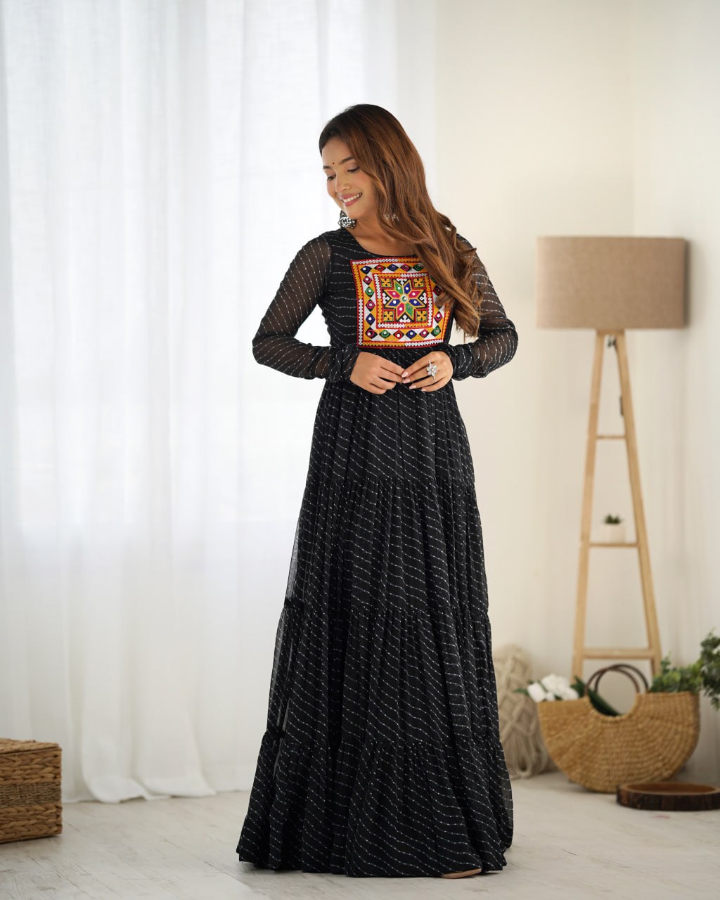 Black Vibrant Laheriya Print Georgette Anarkali Gown Dress