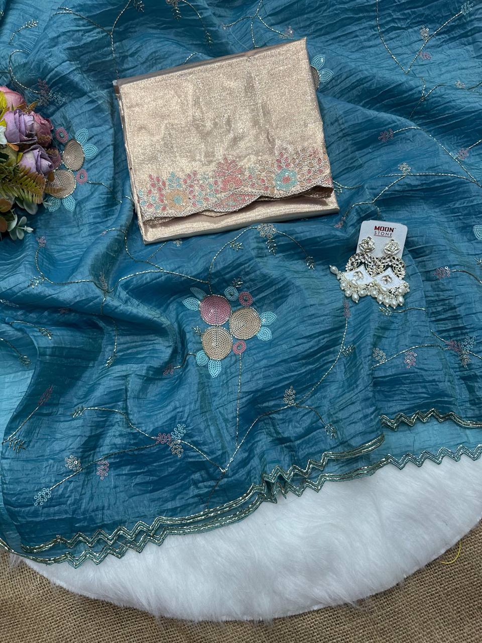 Blue Crush Saree with Round Sequin Embroidery and Zari Brocade Blouse