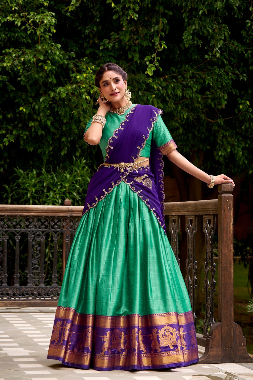 Bottle Green Poly Cotton Zari Weaving Half Saree Lehenga Choli Set