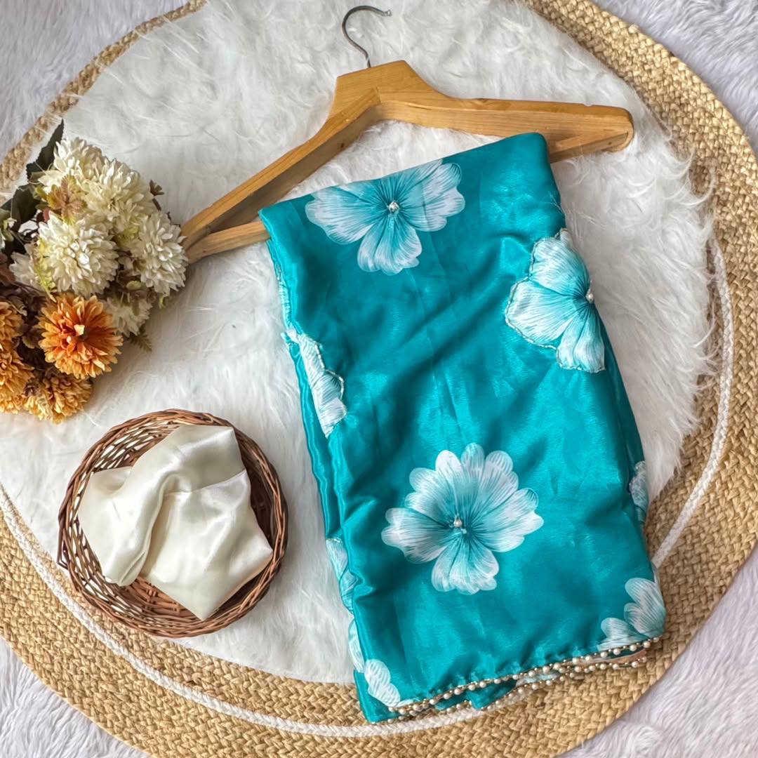 Bule Chinnon Silk Printed Saree with Satin Silk Blouse