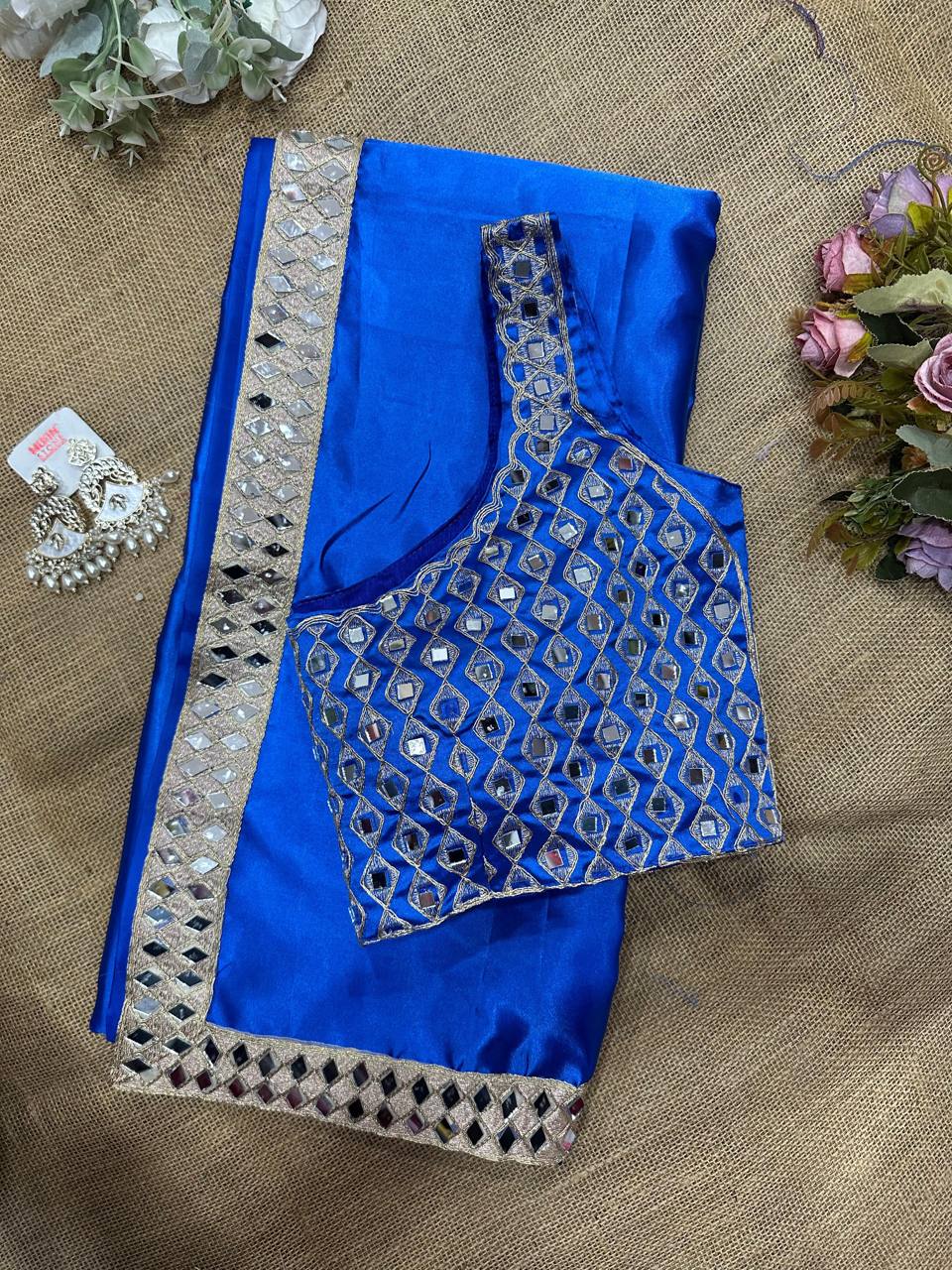 Bule Satin Silk Saree With A Mirror And Embroidery Work Blouse