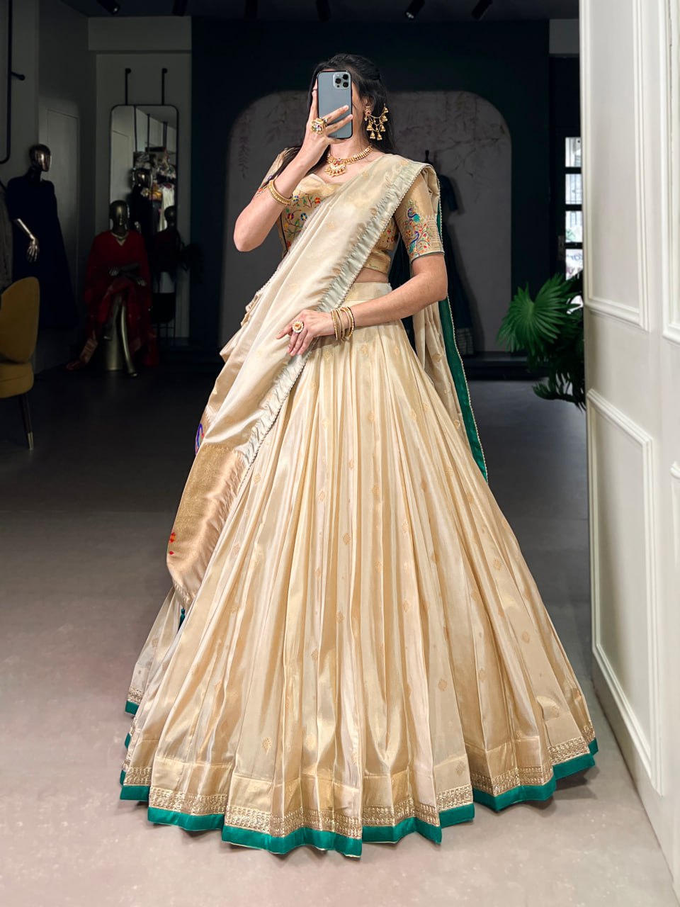Cream Shimmer Paithani Zari Weaving Lehenga Choli with Green Border