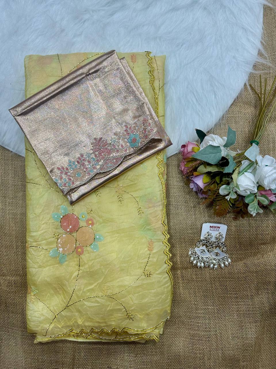 Gold Crush Saree with Round Sequin Embroidery and Zari Brocade Blouse