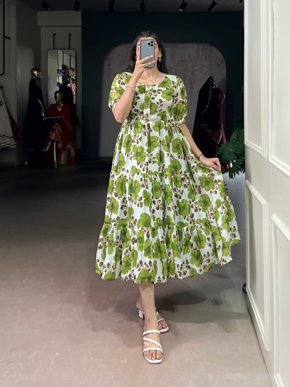 Green Flower Floral Vichitra Silk Frock – Ethnic Designer Dress