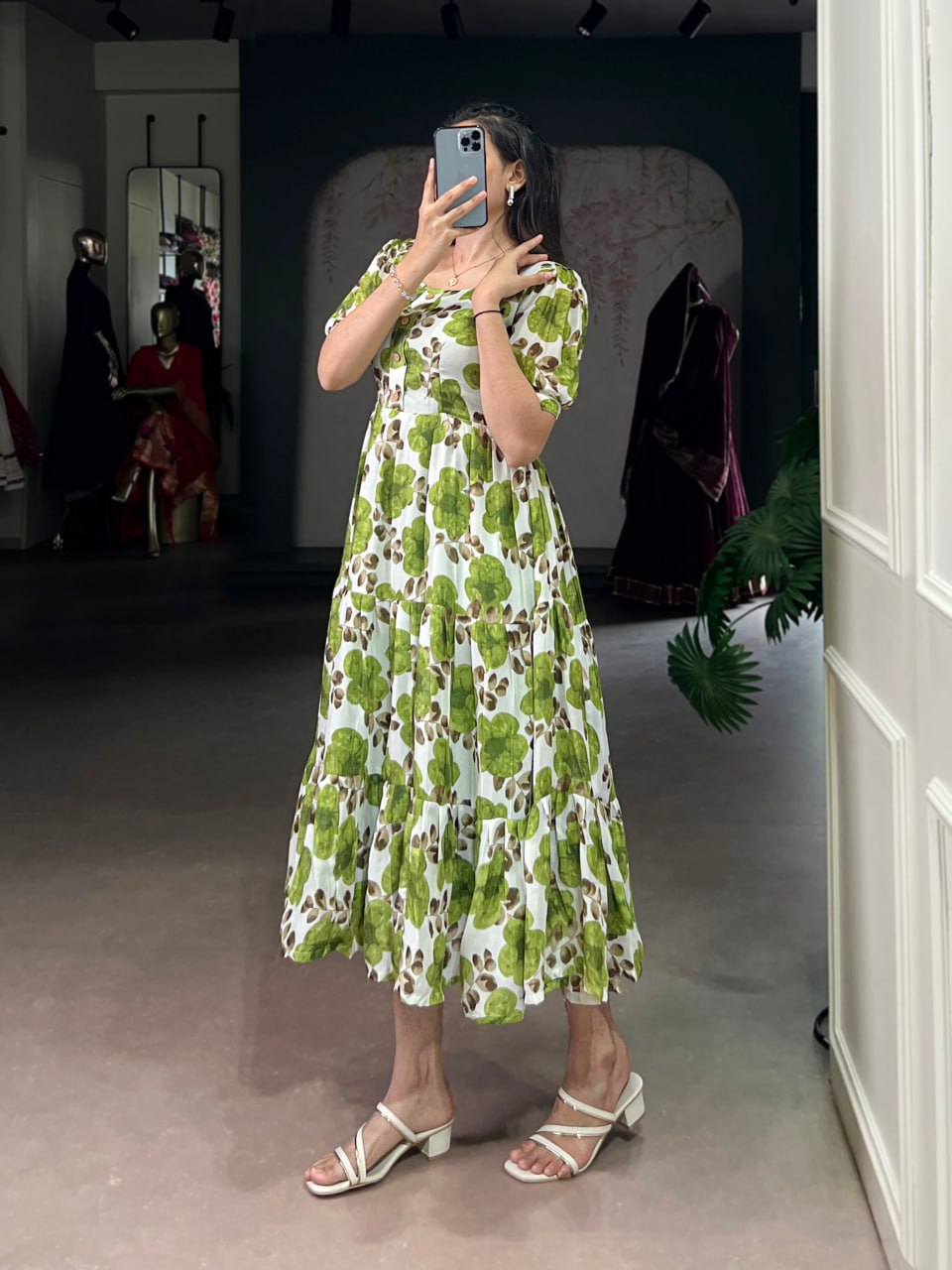 Green Flower Floral Vichitra Silk Frock – Ethnic Designer Dress