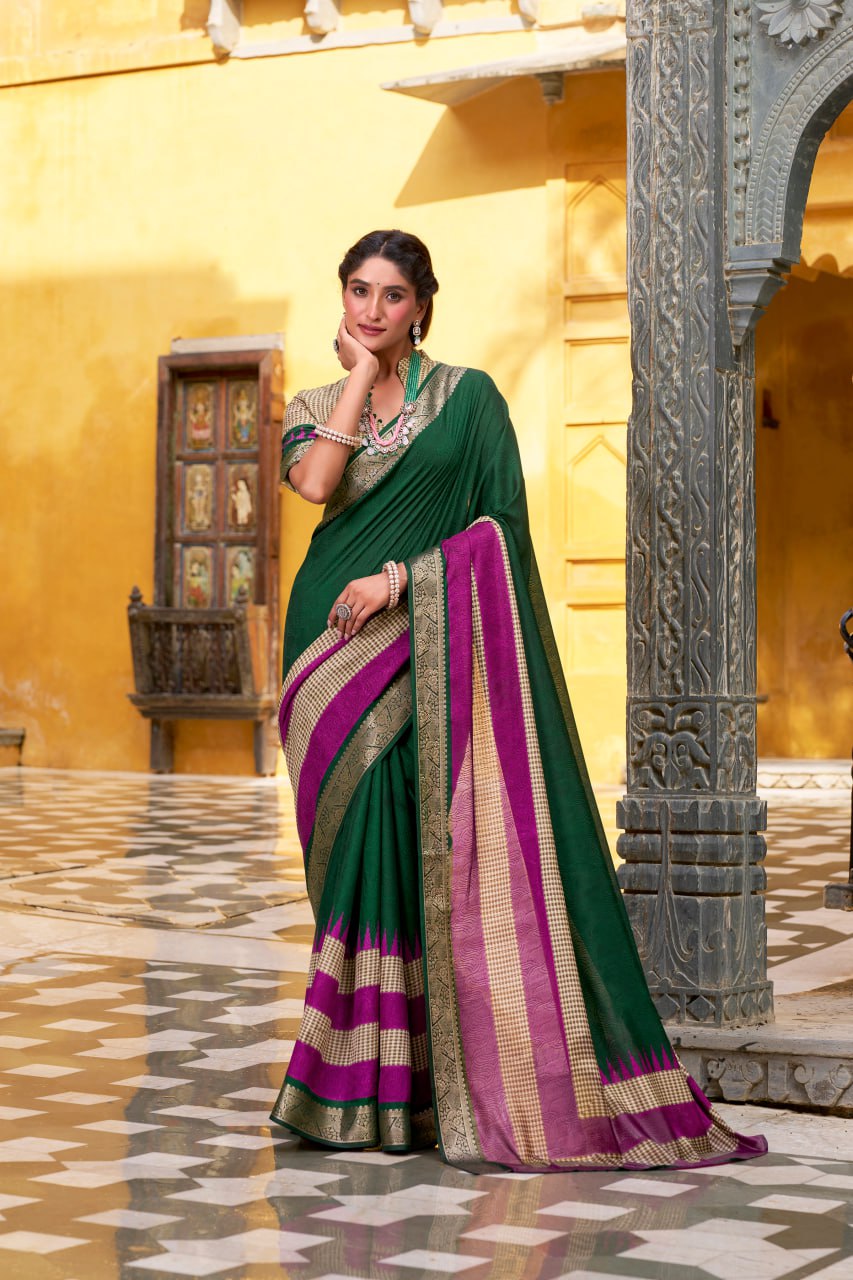 Green Poly Cotton Printed Zari Saree with A Pink Border
