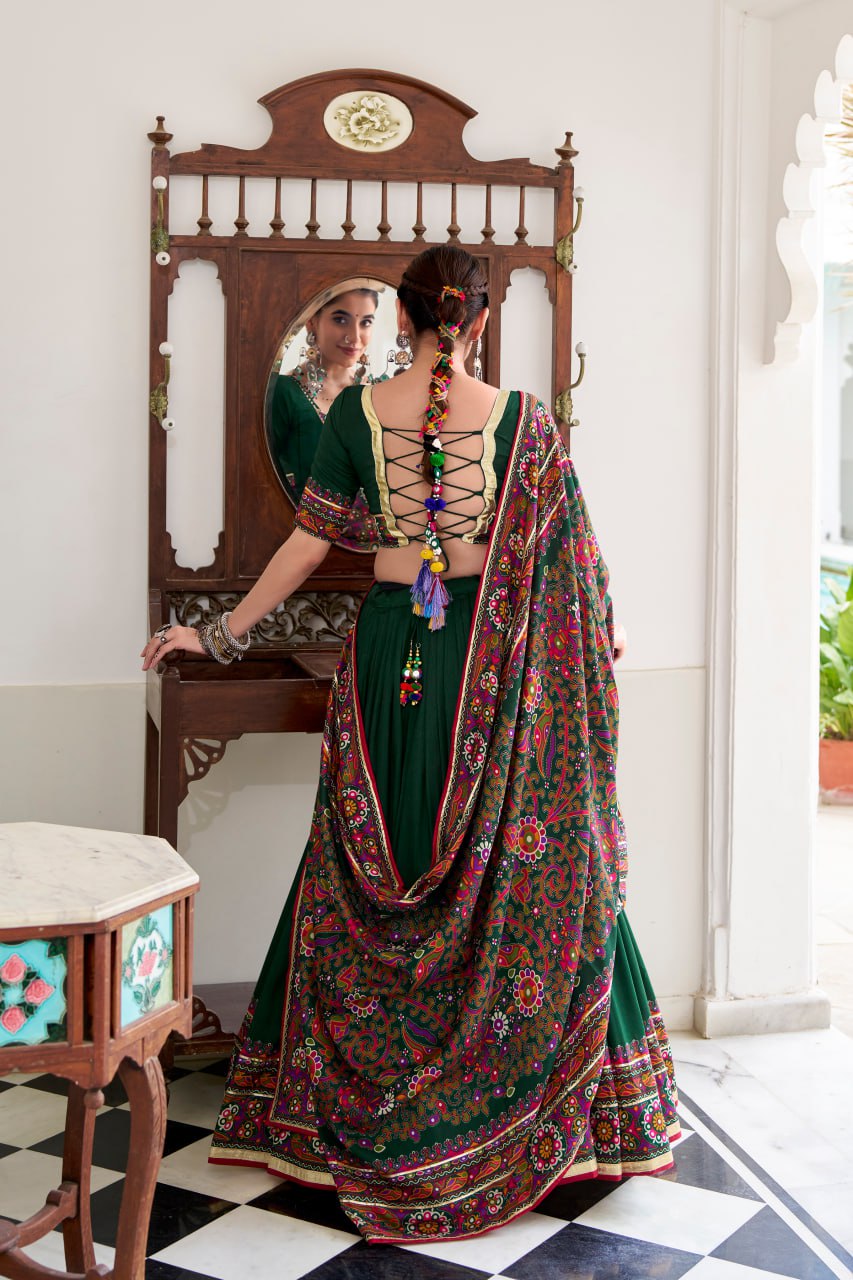 Green Tassar Silk Lehenga Choli with Gamthi Print Dupatta for Navratri-3