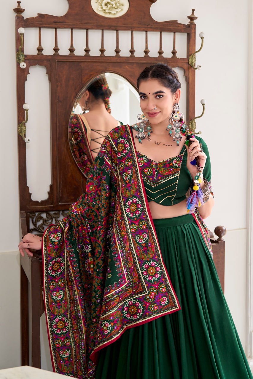 Green Tassar Silk Lehenga Choli with Gamthi Print Dupatta for Navratri-4