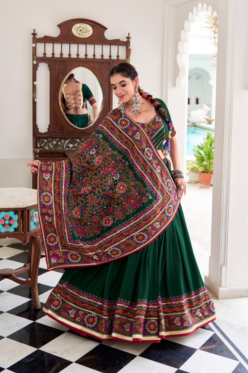 Green Tassar Silk Lehenga Choli with Gamthi Print Dupatta for Navratri