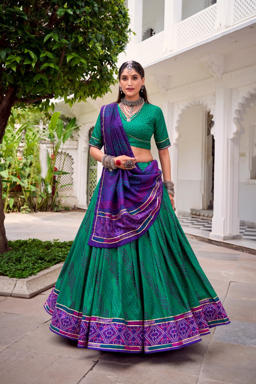Green Tussar Silk Bandhani Print Lehenga Choli with Dupatta for Navratri