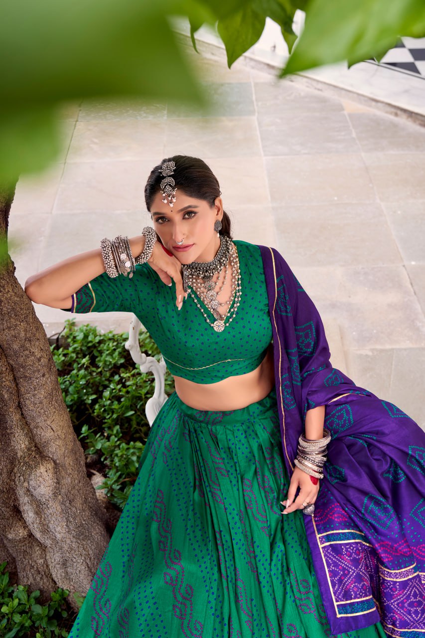 Green Tussar Silk Bandhani Print Lehenga Choli with Dupatta for Navratri - 2