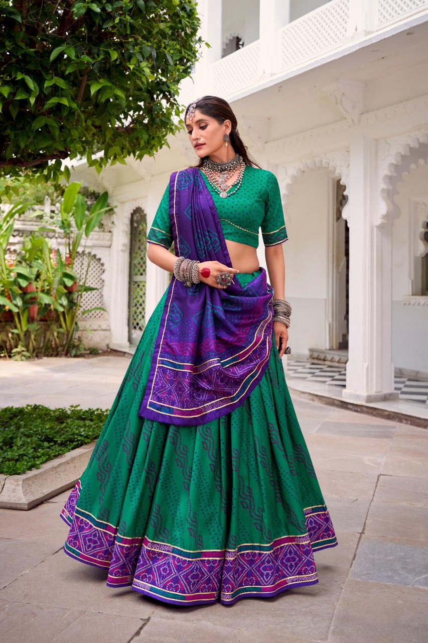 Green Tussar Silk Bandhani Print Lehenga Choli with Dupatta for Navratri - 4