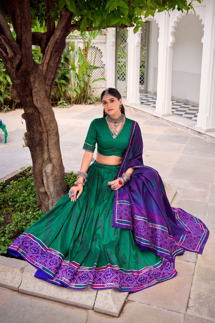 Green Tussar Silk Bandhani Print Lehenga Choli with Dupatta for Navratri - 5
