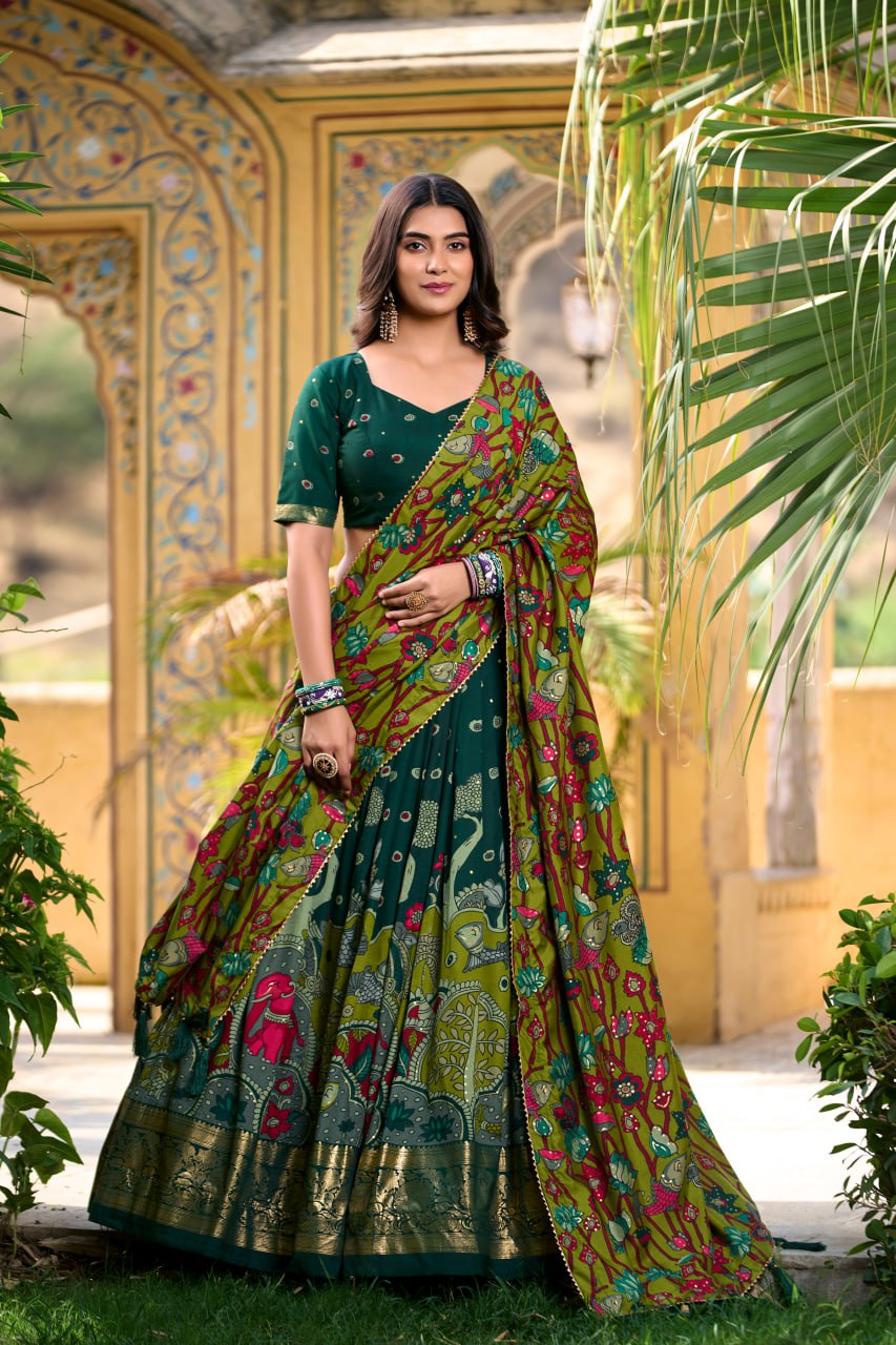 Green Tussar Silk Kalamkari Print Lehenga Choli with Gotta Patti Dupatta