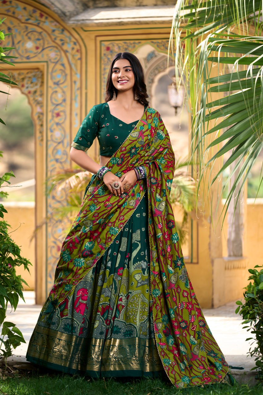 Green Tussar Silk Kalamkari Print Lehenga Choli with Gotta Patti Dupatta