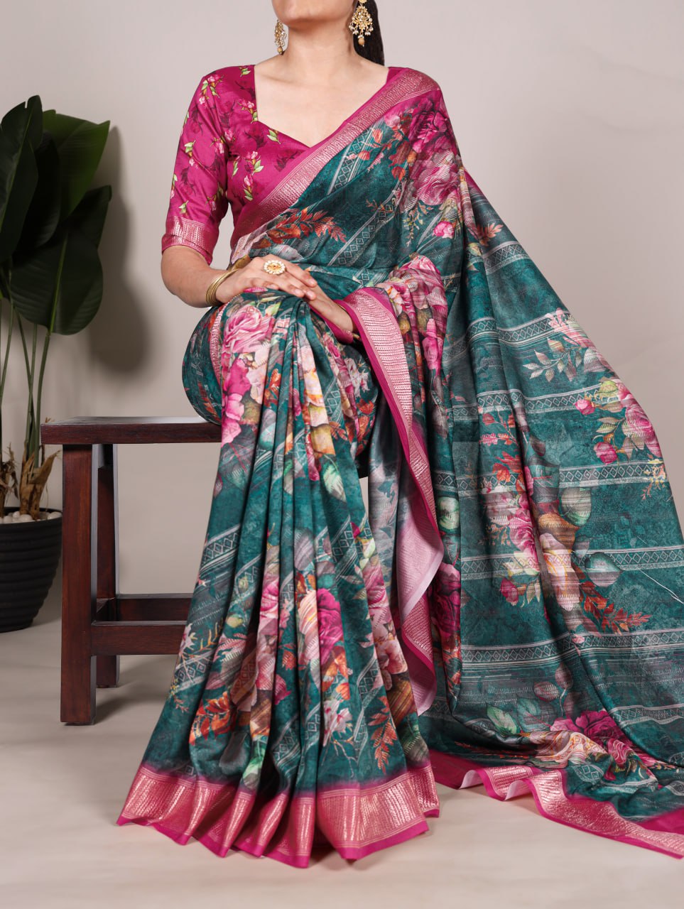 Green Tussar Silk Printed Saree with Pink Viscose Border Matching Blouse
