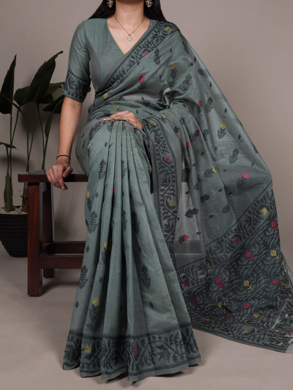 Grey Poly Cotton Thread Weaving Saree with Matching Blouse