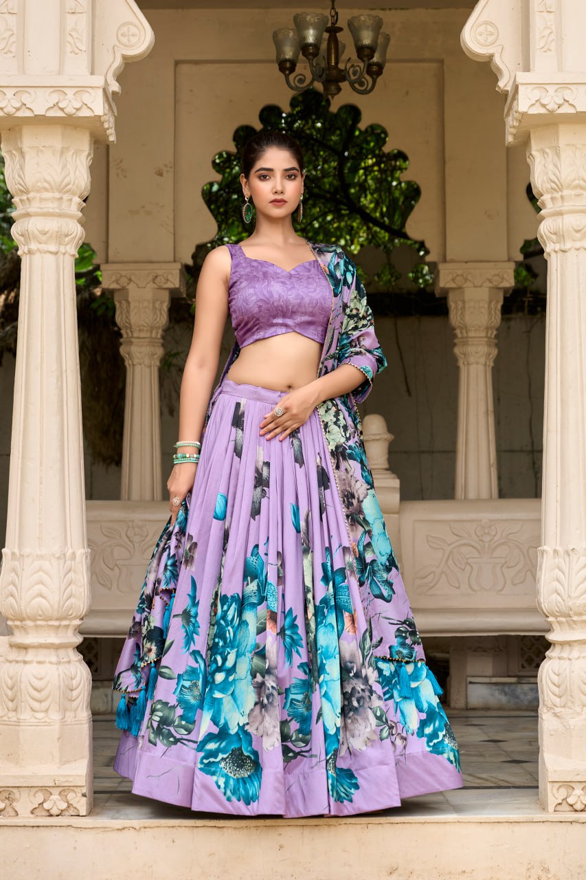 Lavender Tasar Silk Floral Print Lehenga Choli with Gotta Patti Dupatta