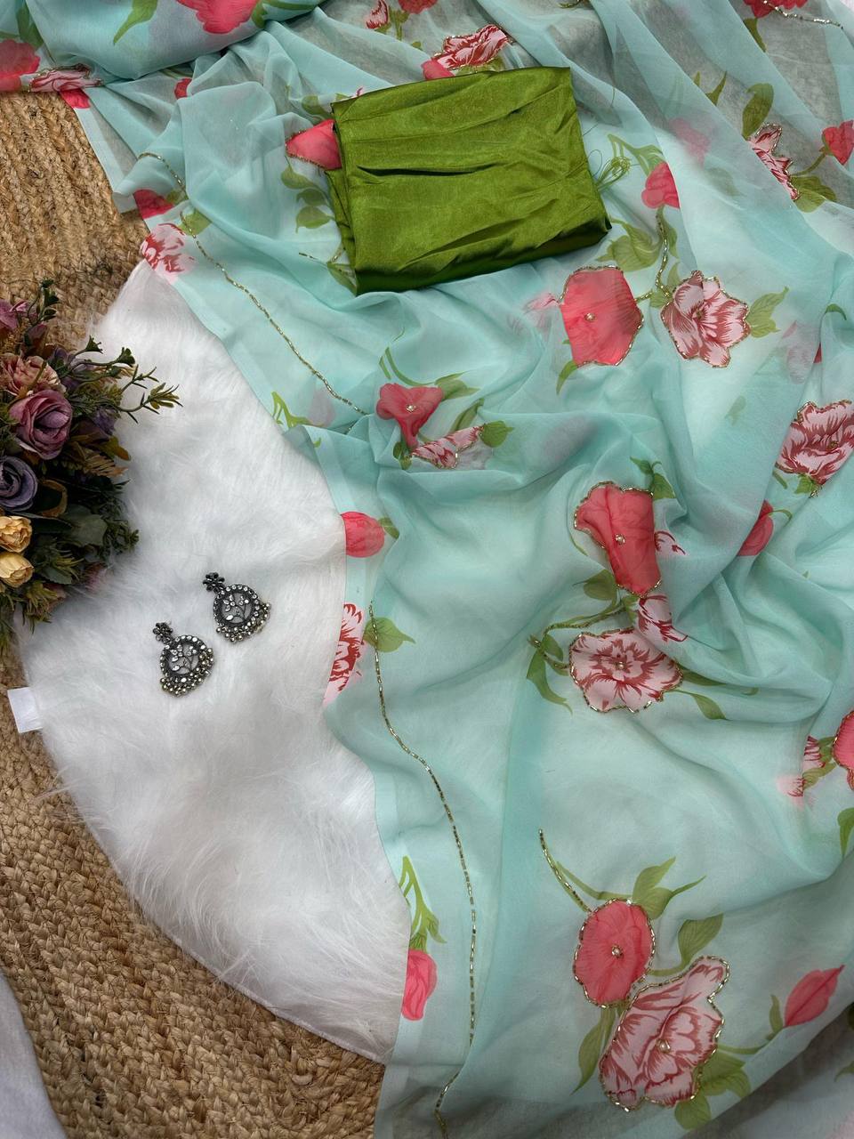 Light Green Digital Georgette Pink Floral Flowers Printed Saree