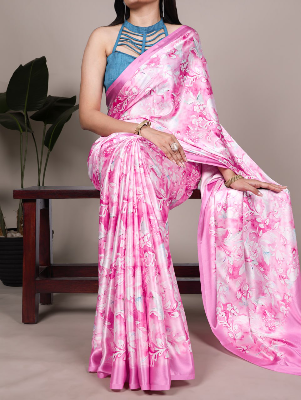 Light Pink Satin Silk Printed Saree with Fabric Elegant Banglory Blouse
