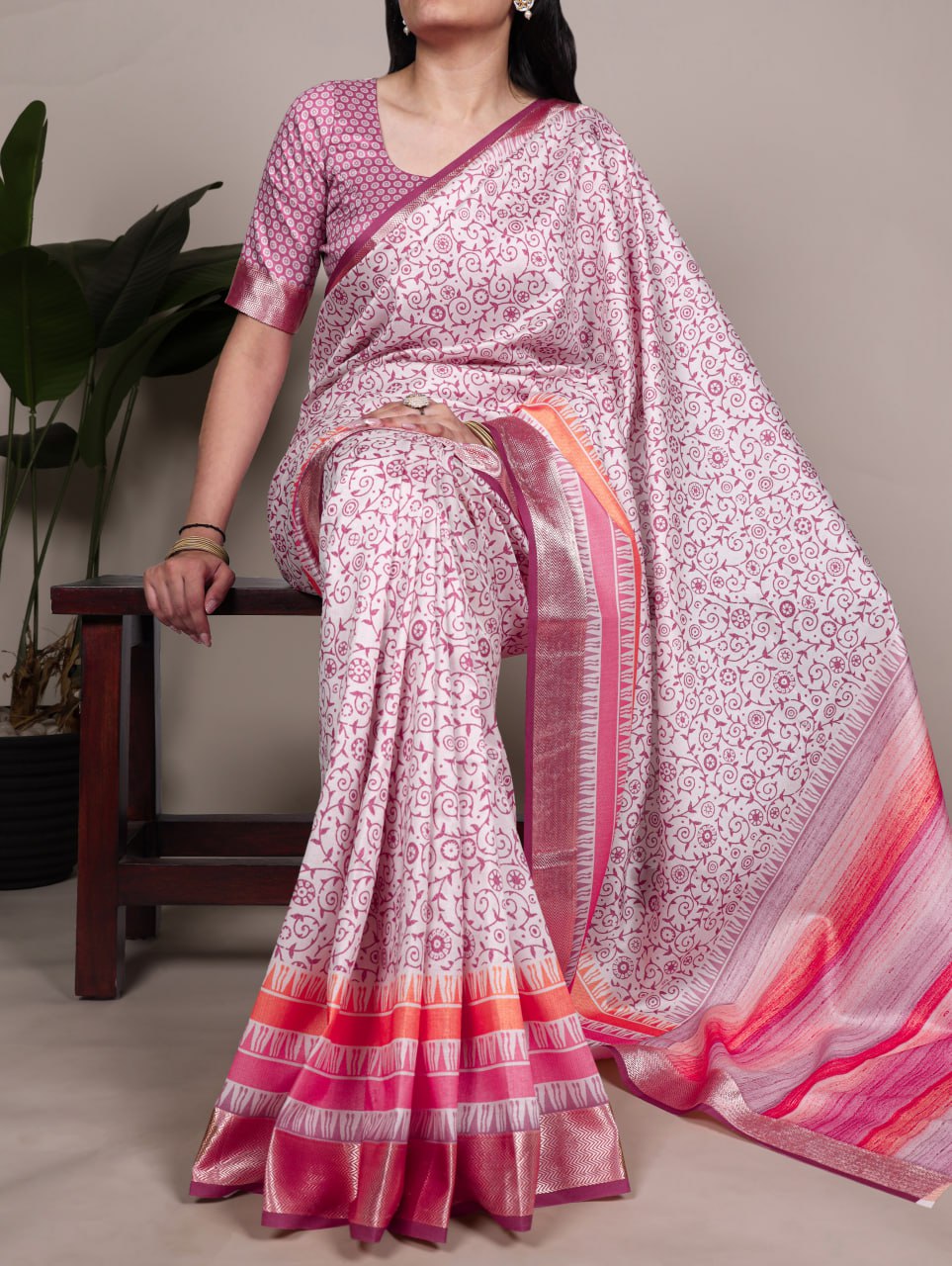 Light Pink Tasar Silk Printed Saree with Shimmering Viscose Red Border