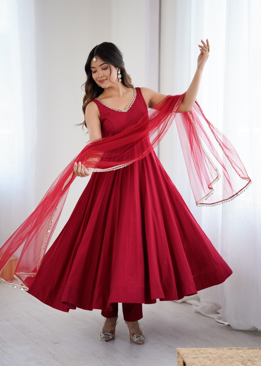 Maroon Roman Silk Chanderi Anarkali Suit with Mirror-Lace Net Dupatta   Drapes Dress