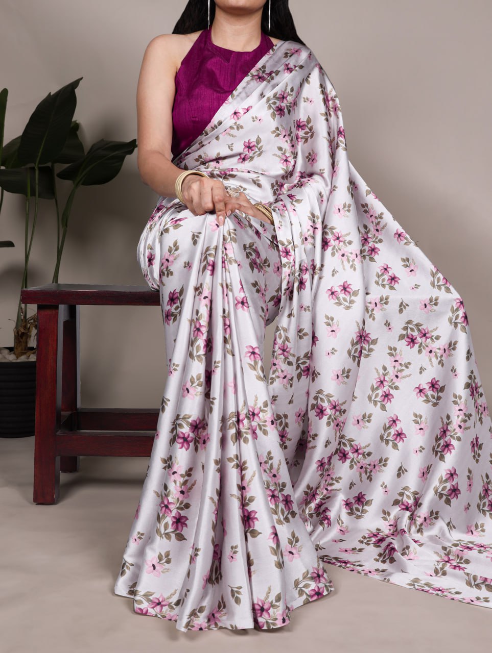 Maroon Satin Silk Printed Saree with Fabric Elegant Banglory Blouse